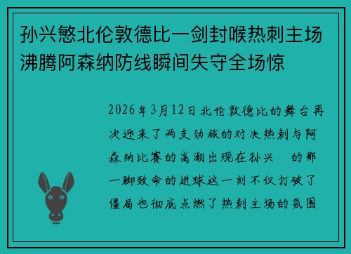 孙兴慜北伦敦德比一剑封喉热刺主场沸腾阿森纳防线瞬间失守全场惊